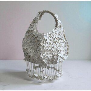 FLORAL White Appliqué Handbag With Beaded Fringe
